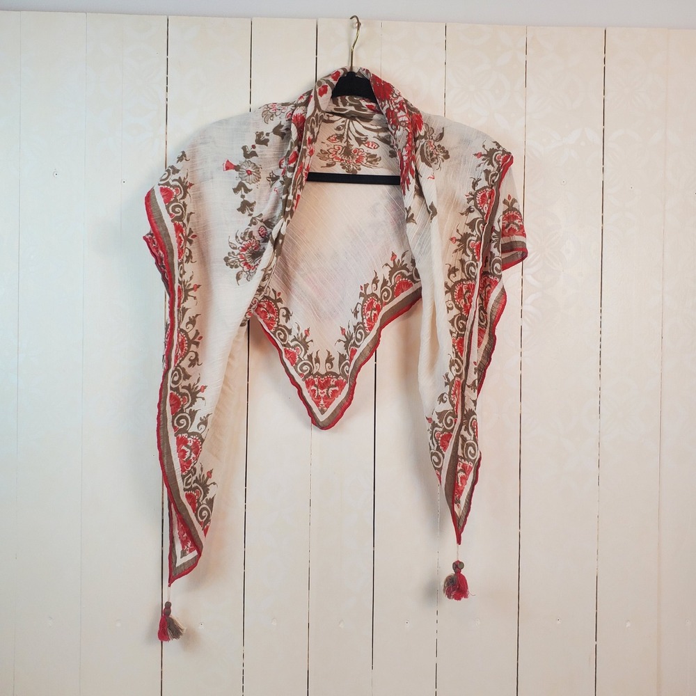 J. Jill Square Scarf Womens OS Red Olive Floral Paisley Tassel Coin Trim